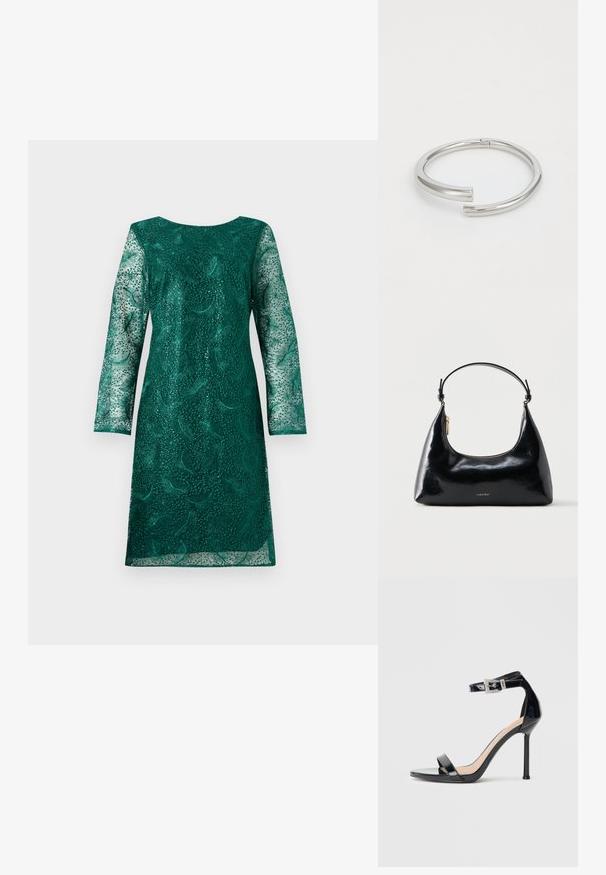 Grünes Spitzenkleid mit langen Ärmeln und rundem Ausschnitt. Verfügt über aufwendige Blumenmuster und einen leicht lockeren Schnitt.; Schwarzer Riemchensandale aus Lackleder mit hohem Absatz und Knöchelriemen. Verfügt über ein minimalistisches Design, offene Zehenpartie und eine Schnalle mit Strassakzenten.; Schwarze, glänzende Calvin Klein Handtasche mit goldfarbenem Reißverschluss und kurzem Trageriemen vor schlichtem weißem Hintergrund.; Calvin Klein SPIRAL - Armband - silver-coloured