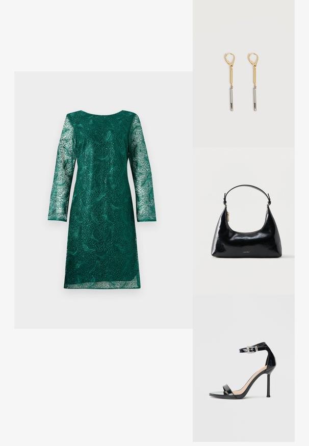 Robe en dentelle verte à manches longues et décolleté rond. Présente des motifs floraux complexes et une coupe légèrement ample.; Sandale à talon haut en cuir verni noir avec bride à la cheville. Présente un design minimaliste, un bout ouvert et une boucle ornée de strass.; Sac à main Calvin Klein noir brillant avec fermeture éclair dorée et anse courte sur fond blanc uni.; Boucles d'oreilles pendantes en or et argent avec fermoirs à levier, présentant une barre en or reliée à une barre en argent gravée "DKNY" sur un fond blanc.