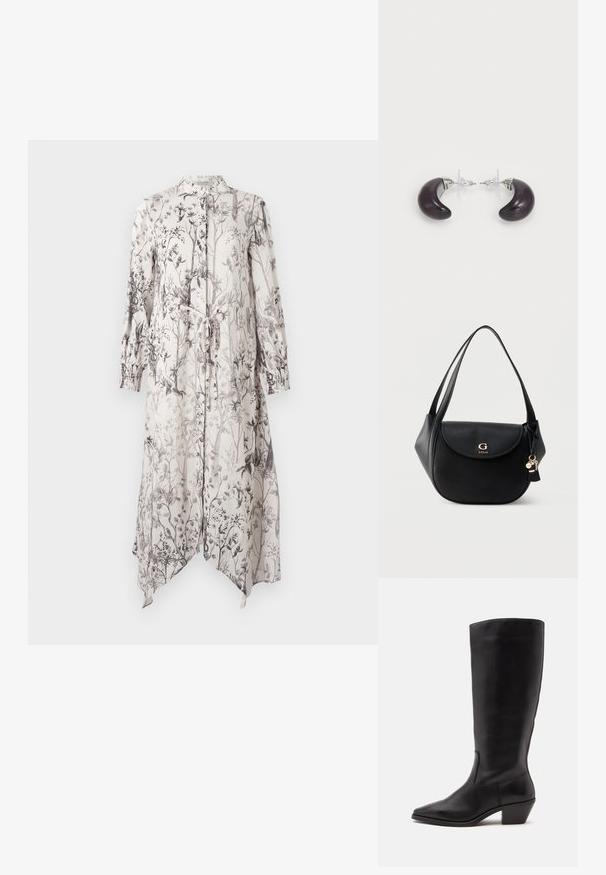 Un vestido largo y ligero con un estampado floral en tonos de negro sobre un fondo claro. Incluye un collar y detalle de lazo en la cintura.; Bota de cuero negra hasta la mitad de la pantorrilla con puntera puntiaguda y tacón bajo inclinado sobre un fondo claro y liso.; Bolso de hombro de cuero negro con solapa curva, logo dorado "G GUESS", correas dobles y charms colgantes de llavero sobre un fondo liso.; Pendientes de resina de color púrpura oscuro en forma de lunas crecientes, con detalles de metal plateado y cierres traseros de plástico transparente para una sujeción segura.