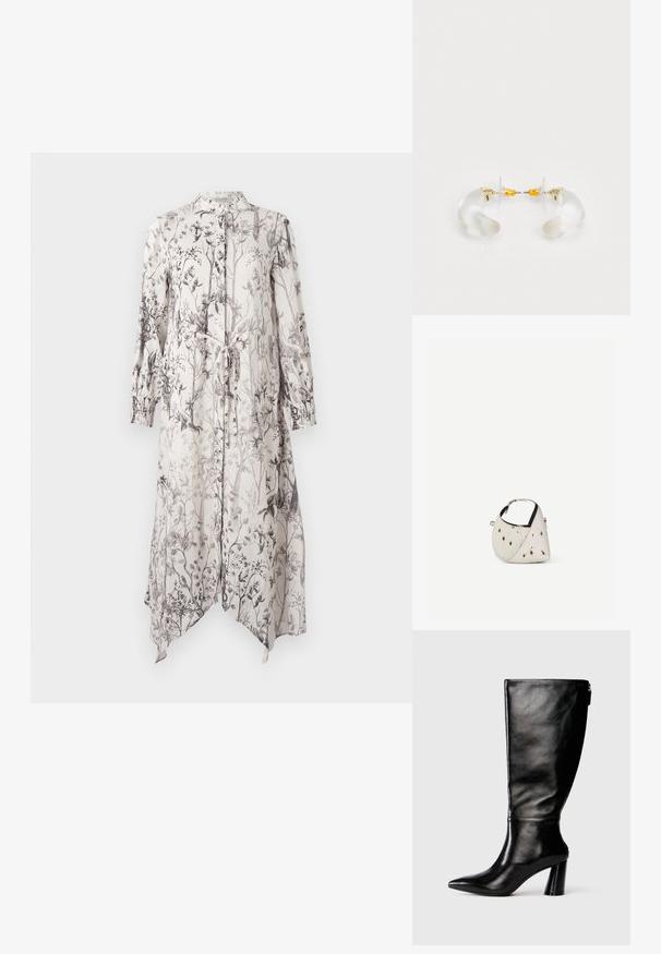 Un vestido largo y ligero con un estampado floral en tonos de negro sobre un fondo claro. Incluye un collar y detalle de lazo en la cintura.; Bota de cuero negro hasta la rodilla con punta afilada, textura suave y un tacón grueso. Presenta un detalle de cremallera en la parte de atrás.; Pequeño bolso blanco con manchas marrones, forma triangular redondeada, forro interior negro y correa corta ajustable con hebilla plateada.; Pendientes de aro de acrílico transparente con acentos dorados, que presentan un diseño curvado y un cierre transparente. Textura suave, estilo minimalista.
