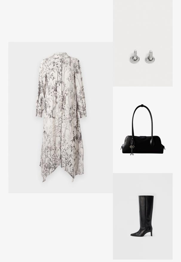 Un vestido largo y ligero con un estampado floral en tonos de negro sobre un fondo claro. Incluye un collar y detalle de lazo en la cintura.; Botas negras hasta la rodilla hechas de cuero suave, con punta puntiaguda y tacón delgado, con caña ajustada y diseño minimalista.; Bolso de mano negro de cuero Calvin Klein con asas largas, una etiqueta con el logo frontal y un colgante geométrico plateado que cuelga de una de las asas.; Par de pequeños pendientes de aro plateados brillantes con base redonda, exhibidos sobre un fondo claro y liso.
