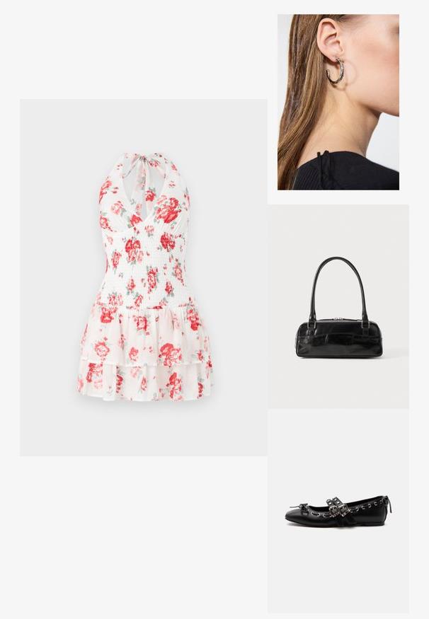 Bloemen halterjurk met een witte stof met rode en groene bloemenpatronen, smock-bodice en gelaagd gerimpeld zoom.; Zwarte platte balletschoen met dubbele gespsluitingen, zilveren oogjes en een klein strikje nabij de afgeronde neus op een witte achtergrond.; Zwarte leren handtas met een rechthoekige vorm, voorzien van een enkele gestructureerde handgreep, zilveren hardware en ritsluiting. Gladde textuur.; Zilveren oorbel met een gepolijste afwerking, met kleine gouden accentdetails en een ronde vorm, gedragen op de oorlel.