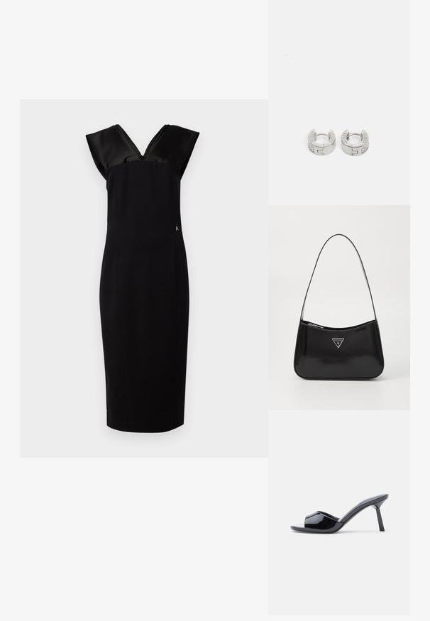 Vestido negro con una silueta ajustada, mangas de satén tipo capa, escote en V y un sutil detalle lateral. Tejido suave, de longitud hasta la rodilla.; Sandalias de tacón con punta abierta de charol negro, con un diseño superior curvado y tacón de aguja cónico. Acabado liso y brillante.; Bolso de hombro de charol negro con forma curva, que presenta un logotipo triangular plateado y un cierre de cremallera. Textura suave y correa delgada.; Guess STYLISH - Pendientes - silver-coloured
