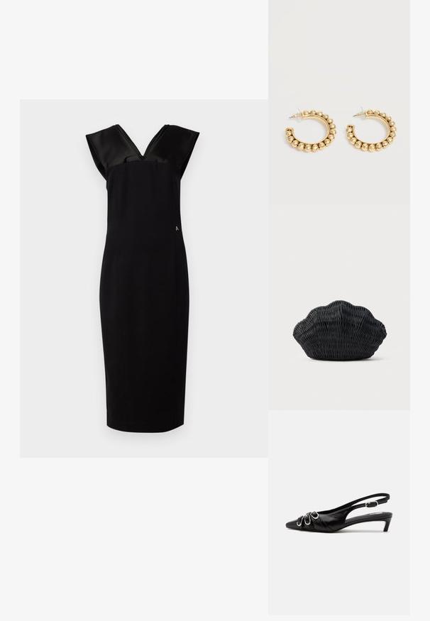 Vestido negro con una silueta ajustada, mangas de satén tipo capa, escote en V y un sutil detalle lateral. Tejido suave, de longitud hasta la rodilla.; Zapato slingback de cuero negro con punta puntiaguda, tres hebillas plateadas en la parte delantera y tacón bajo tipo «kitten» sobre fondo blanco.; Bolso de mimbre negro con forma de concha de vieira con parte superior curva y textura tejida sobre un fondo liso.; Par de pendientes de aro en tono dorado con detalles de cuentas redondeadas a lo largo del borde exterior sobre un fondo claro.