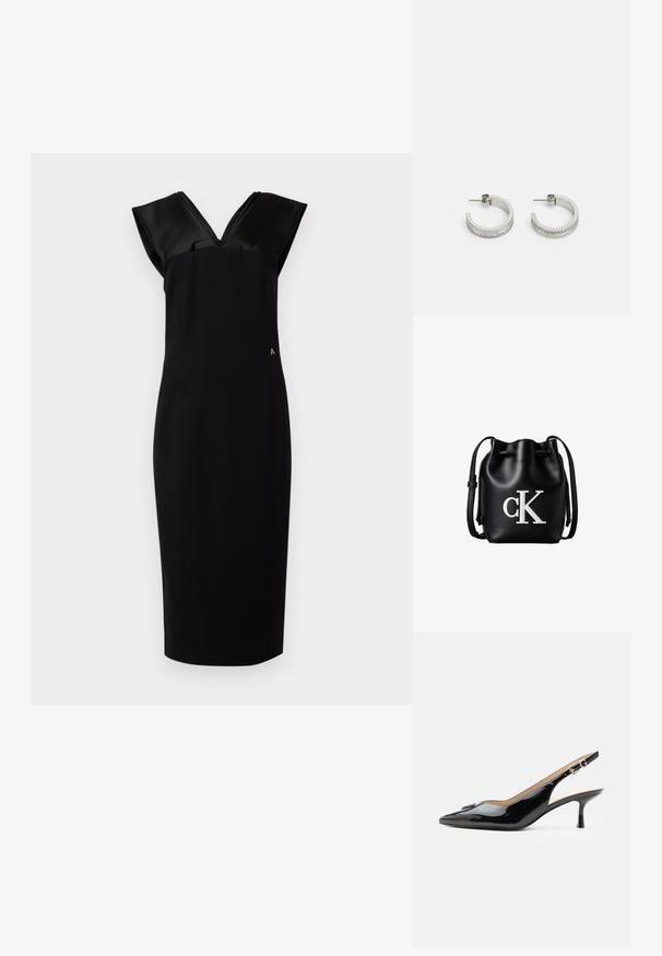 Sort kjole med en tætsiddende silhuet, cap-lignende satinsleeves, V-udskæring og diskret sidelinning. Glat stofstruktur, knælang.; Sort patentlæder slingback hæl med spids tå, lille kitten hæl og sølvspænde på en ensartet hvid baggrund.; Sort læder bucket taske med snørelukning på toppen og hvidt "cK" logo foran, med justerbar skulderrem.; Sølvøreringe i hoop-stil med en glat overflade og en række små klare sten langs den nederste kant, med en post-back lukning.