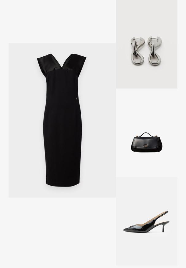 Sort kjole med en tætsiddende silhuet, cap-lignende satinsleeves, V-udskæring og diskret sidelinning. Glat stofstruktur, knælang.; Sort patentlæder slingback hæl med spids tå, lille kitten hæl og sølvspænde på en ensartet hvid baggrund.; Sort lædertaske med et lille håndtag, guldfarvet "cK" logo på frontklappen og guldfarvede hardware-accenter.; Par af sølvtonede metale øreringe med abstrakt sammenflettet løbedesign på hvid baggrund.