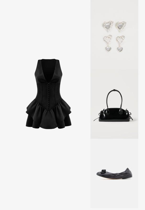 OW Collection AUGUSTA - Jerseyjurk - black; Zwarte leren ballerina met een geplooid bovenwerk, een afgeronde neus en een decoratieve ruches strik op de neus. Platte zool.; Kleine zwarte glanzende handtas met twee lange hengsels en zijkant trekkoord details op een effen lichte achtergrond.; Zilveren hartvormige oorbellen hebben facetteerbare heldere stenen en een textuurframe. De set bevat stud- en hangende stijlen.