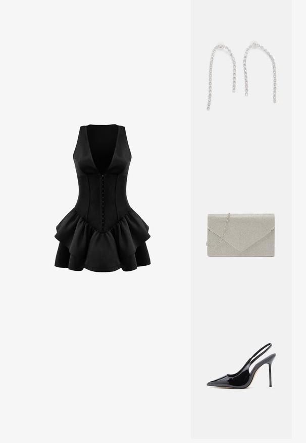 OW Collection AUGUSTA - Jerseykjole - black; Sort slingback-pumpe i laklæder med spids tå, slank høj hæl og et buet udskæringsdesign på siden. Glat, skinnende finish.; Metallic sølv clutch taske med et kuvert-design, udsmykket med et struktureret mønster, der har en aftagelig kæde-strop.; Sølvøreringe med hængende kæder, prydet med flere klare ædelsten arrangeret i et lineært mønster, der giver en glitrende effekt.
