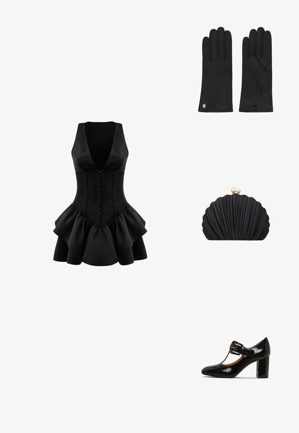 OW Collection AUGUSTA - Jerseyjurk - black; Zwart gepatineerd leren hoge hak schoen met een ronde neus, T-band ontwerp en een schildpaddenpanser gespaccent op de bovenkant. Blokhak.; Zwarte clutch in schelpvorm met geplooide textuur en gouden sluiting gedrukt met twee pareldecoraties.; Roeckl LISSABON - Handschoenen - black