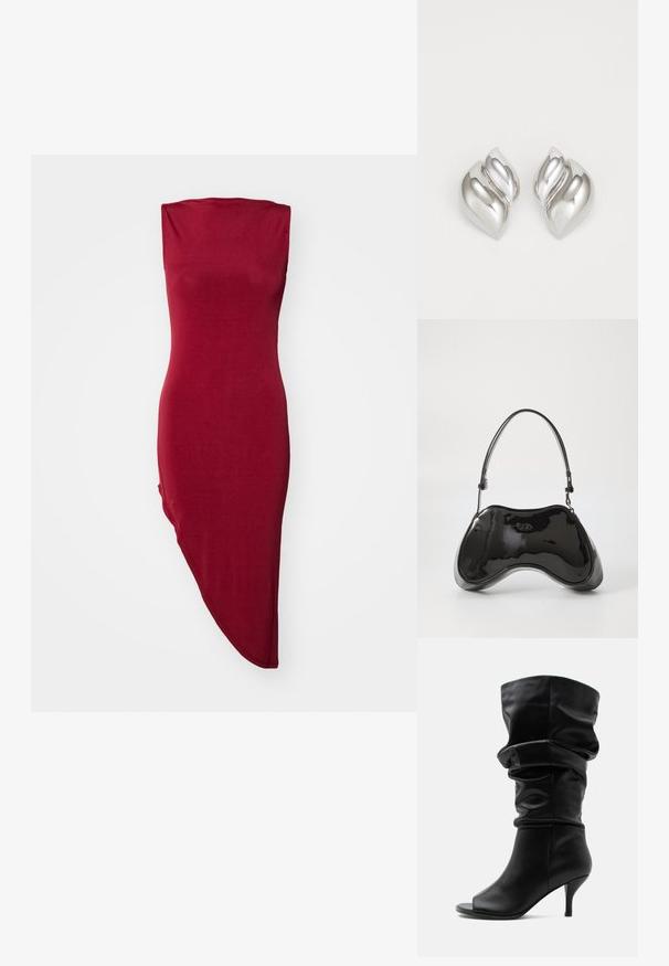 Punainen, hihaton bodycon-mekko, jossa on tiukka yläosa ja epäsymmetrinen helma. Pehmeä, sileä kangas, jossa on kevyt kiilto.; Musta nahkainen, rennon mallinen puolipitkä saapas avoimella varpaan kohdalla ja kapealla korkealla korolla, yksivärisellä vaaleanharmaalla taustalla.; Mustat patenttinaiset käsilaukku, jossa on ainutlaatuinen kaareva muoto, lyhyt säädettävä kahva ja vetoketjulla suljettava yläosa. Sileä pinta ja hienovarainen brändäys.; Hopeakoru, jolla on orgaaninen, abstrakti muoto. Sileä, kiiltävä pinta ja kapeneva muotoilu. Korussa on hienovaraisia kaaria ja keskeinen viivayksityiskohta.