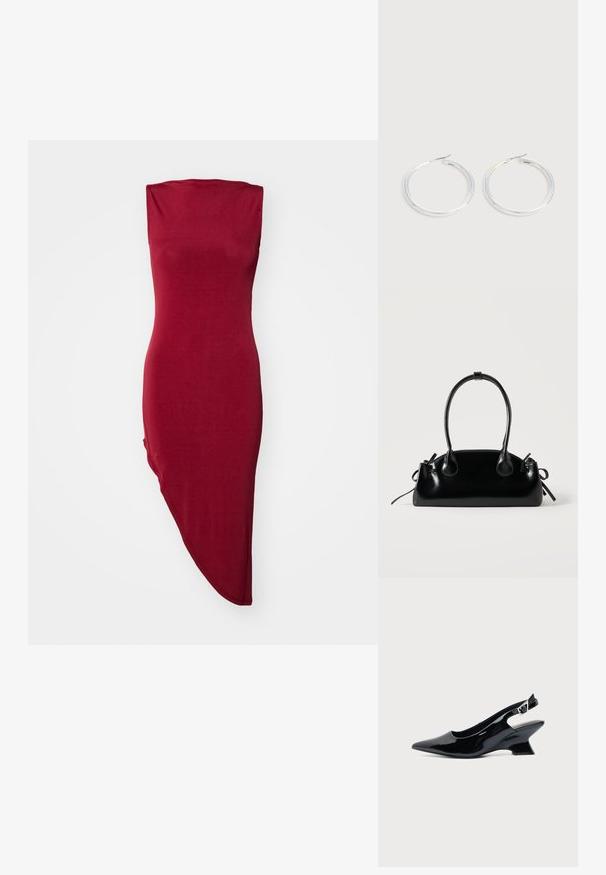 Červené, bezrukávové bodycon šaty s priliehavým korzetom a asymetrickým lemom. Mäkka, hladká tkanina s jemným leskom.; Čierna lakovaná slingback topánka so špicatou špičkou a nízkym šikmým blokovým opätkom na jednoduchom svetlom pozadí.; Malá čierna lesklá kabelka s dvoma dlhými rúčkami a bočnými šnúrkovými detailmi na jednoduchom svetlom pozadí.; Pár lesklých strieborných kruhových náušníc s tenkými drôtenými zapínaniami, zobrazených na svetlo šedom pozadí.