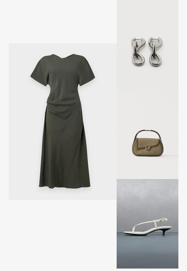 Vestido verde oliva, hasta las rodillas, con mangas cortas, escote en V y detalle drapeado en el lateral. Tela suave con un ligero brillo.; Sandalia blanca de tacón kitten con tiras y punta afilada, flotando sobre un suelo de baldosas de madera al aire libre, con un fondo desenfocado de plantas y pared.; Bolso pequeño de color verde oliva con bordes redondeados, un asa superior y un cierre con solapa asegurado por un broche metálico circular.; Par de pendientes de metal con acabado plateado y diseño abstracto de bucles entrelazados sobre un fondo blanco.