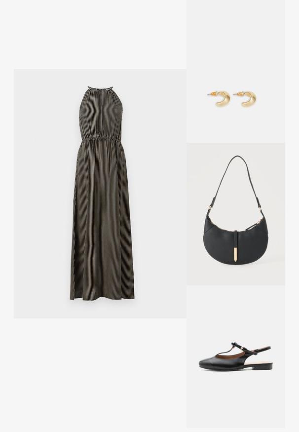 Stribet halterneck kjole i sort og beige med elastisk talje; lang, flydende A-line silhuet og struktureret stof.; Sort læder flad slingback-sko med T-rem og guldlås på neutral baggrund.; Sort håndtaske formet som en halvmåne med en enkelt rem, guld lynlås og en guldfarvet rektangulær dekorativ fane foran.; Guld halvmåneformede øreringe med en glat overflade, der har orange accenter nær stiften og sølv hardware.