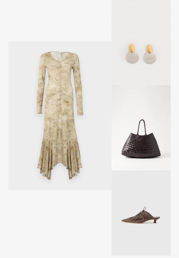 Robe longue beige avec des motifs floraux subtils, corsage ajusté, manches longues, encolure en V, et un ourlet évasé asymétrique.; Mule en cuir marron avec un bout pointu, texture froncée, petit talon et un accent de cordon de serrage à l'ouverture. Fini lisse.; DRAGON DIFFUSION SANTA CROCE BIG - Sac à main - dark brown; Boucles d'oreilles en métal doré et argenté avec une base en disque rond et une pièce supérieure ovale, texture lisse et finition polie.