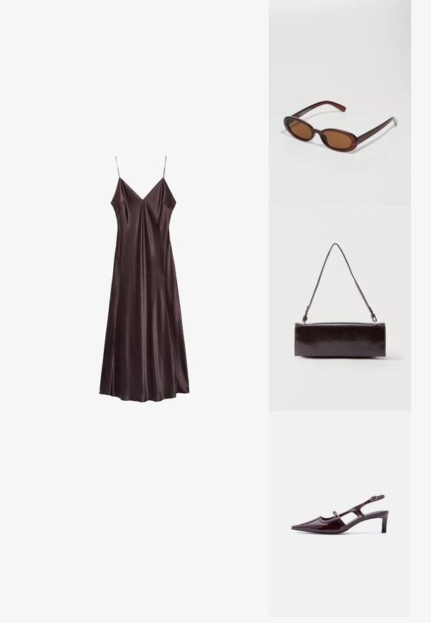Robe slip en satin couleur chocolat, avec un décolleté en V, des bretelles fines et un ourlet fluide qui tombe au milieu du mollet. Texture lisse et design minimaliste.; Chaussure slingback en cuir verni bordeaux avec bout pointu, talon bas et double bride à boucle réglable.; Lunettes de soleil rondes teinte brun avec une monture bordeaux brillante. Branches fines avec un détail de marque subtil. Design de verres plats.; Sac à main rectangulaire en cuir noir avec une longue bandoulière unique et une finition brillante, présenté sur un fond blanc uni.