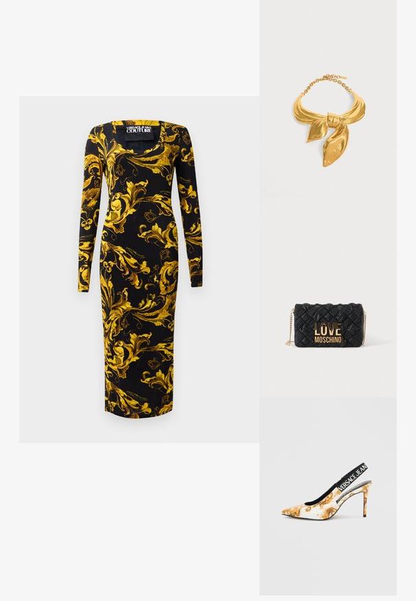 Sort langærmet kjole med en tætsiddende silhuet, der har gyldne blomsterdesigns og en firkantet halsudskæring, lavet af glat stof.; Hvid og guld mønstret spids-tå slingback højhælet sko med sort elastikrem med teksten "VERSACE JEANS."; Sort quiltet crossbody taske med guldkæde-rem og stort guld "LOVE MOSCHINO" logo foran.; Halskæde i guldfarvet metal formet som et bundet tørklæde med en kædejusterbar lukning på hvid baggrund.