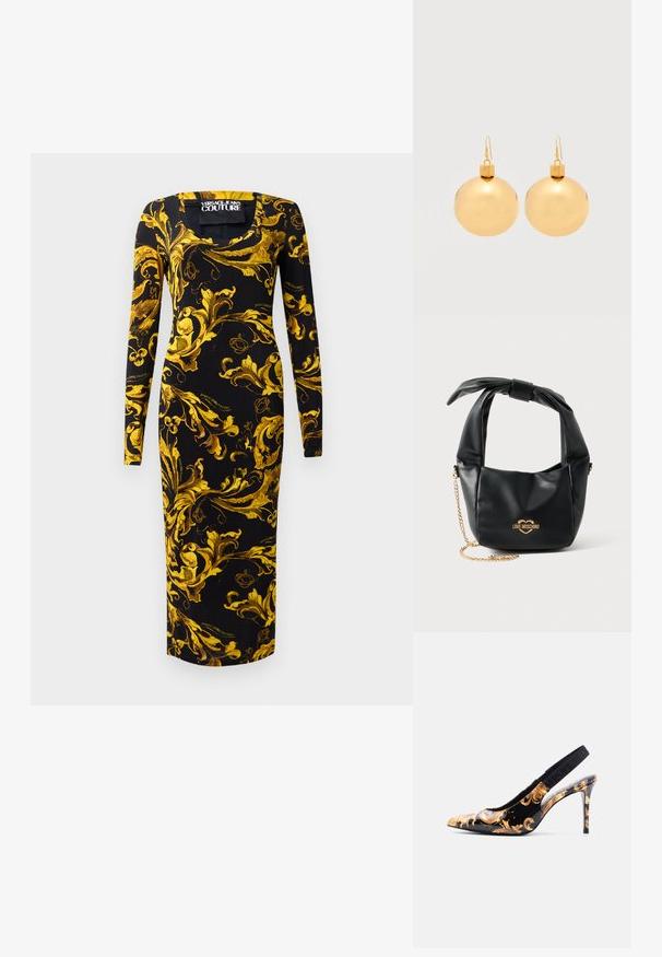 Vestido negro de manga larga con una silueta ajustada, que presenta patrones florales dorados y un escote cuadrado, hecho de una tela suave.; Zapato de tacón alto slingback negro con puntera puntiaguda, patrón barroco dorado y cinta elástica con marca sobre fondo blanco.; Bolso Love Moschino de piel negra suave con asa anudada y correa de cadena dorada sobre fondo blanco.; Par de pendientes de bola navideña dorados brillantes con cierre de gancho sobre un fondo blanco liso.