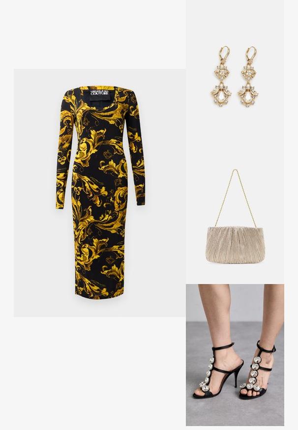 Vestido negro de manga larga con una silueta ajustada, que presenta patrones florales dorados y un escote cuadrado, hecho de una tela suave.; Sandalias de tacón alto negras con correas de satén y grandes acentos de rhinestone circulares a lo largo del arco y el tobillo, diseño de punta abierta.; Bolso de mano de tejido metálico plisado con cadena dorada, forma rectangular suave, color beige claro, superficie texturizada y detalles fruncidos.; Pendientes colgantes en tono dorado con un diseño de racimo que incluye cristales claros en forma redonda y de lágrima, mostrando un detallado intrincado.