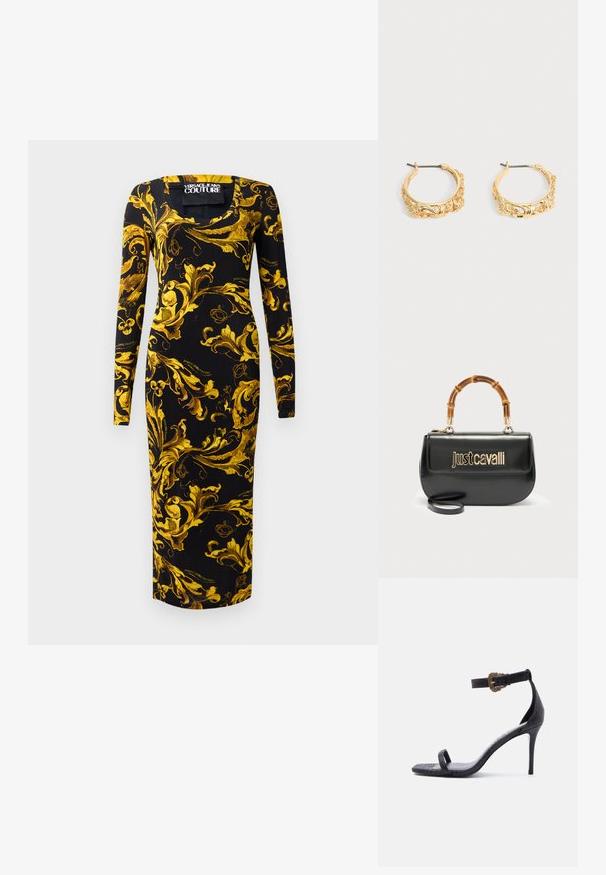 Sort langærmet kjole med en tætsiddende silhuet, der har gyldne blomsterdesigns og en firkantet halsudskæring, lavet af glat stof.; Sort højhælet sandal med tynd ankelrem med en detaljeret guldbøjle og en enkelt rem over tæerne, tekstureret læderfinish.; Sort læderhåndtaske med guld "Just Cavalli"-logo foran og buet bambushåndtag, med aftagelig lang rem.; Par af øreringe i guldfarve med udsmykket blomster- og bladprægning på en neutral baggrund.
