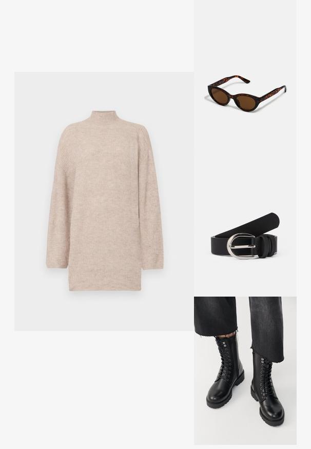 Beige Pullover mit hohem Kragen und fallenden Schultern, aus geripptem Strickmaterial gefertigt. Lockerer Schnitt mit langen Ärmeln und einer glatten Textur.; Schwarze Knöchelboots aus glattem Leder mit Schnürung vorne und seitlichem Reißverschluss. Die robuste Sohle und die detaillierten Ösen sorgen für Textur.; Braune Schildpatt-Sonnenbrille mit einer Vintage-Cat-Eye-Form und braunen Gläsern. Verfügt über gebogene Bügel mit roten Akzenten.; Schwarzer Leder-Gürtel mit glatter Textur, ausgestattet mit einer silberfarbigen Metallschnalle und einfachen Schlaufenakzenten. Das Design ist elegant und minimalistisch.