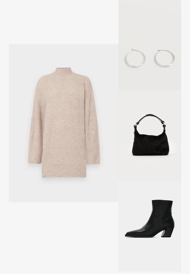 Pull col montant beige avec des épaules tombantes, fabriqué en maille côtelée. Coupe décontractée avec des manches longues et une texture lisse.; Bottine en cuir noir avec un bout pointu, une silhouette élégante et un talon carré massif. Texture lisse avec des détails de couture minimalistes.; Sac à main en fausse fourrure noire avec une texture douce, une forme arrondie et une bandoulière en cuir noir robuste. Accent en métal argenté visible.; Boucles d’oreilles créoles en métal argenté avec une surface lisse légèrement incurvée et des fermoirs à clapet sur un fond blanc uni.