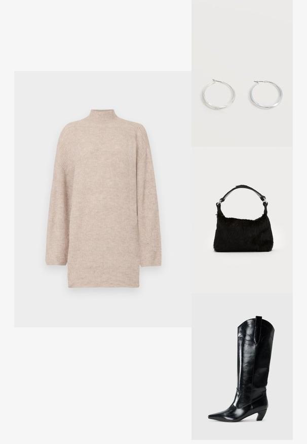 Beige højhalset sweater med faldende skuldre, lavet af ribbet strikmateriale. Løs pasform med lange ærmer og en blød tekstur.; Sorte læderknæhøje støvler med spids tå, lav hæl og dekorative syninger på siderne. Glat, blank overflade.; Sort faux fur håndtaske med en blød tekstur, rund form og en robust skulderrem i sort læder. Synlige sølvhardware-detaljer.; Sølvfarvede metaloorringe med glat, let buet overflade og låsemekanisme på en ensfarvet hvid baggrund.