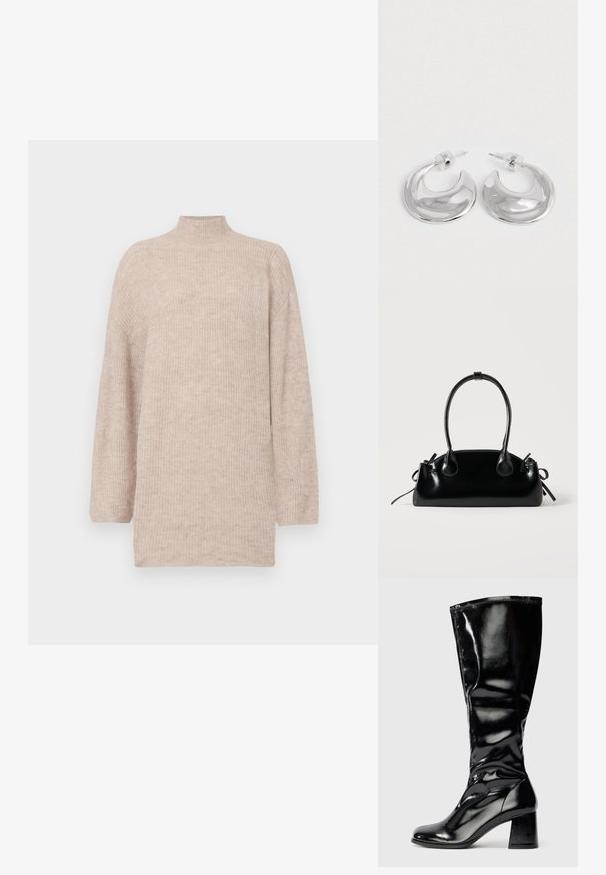 Pull col montant beige avec des épaules tombantes, fabriqué en maille côtelée. Coupe décontractée avec des manches longues et une texture lisse.; Botte noire brillante jusqu'au genou avec un talon carré et un bout rond, finition lisse et brillante, avec un léger motif texturé sur le talon et la tige.; Petit sac à main noir brillant avec deux longues anses et des détails à cordon sur les côtés sur un fond clair uni.; Une paire de boucles d'oreilles en croissant argenté poli avec des supports en plastique transparent sur une surface blanche.
