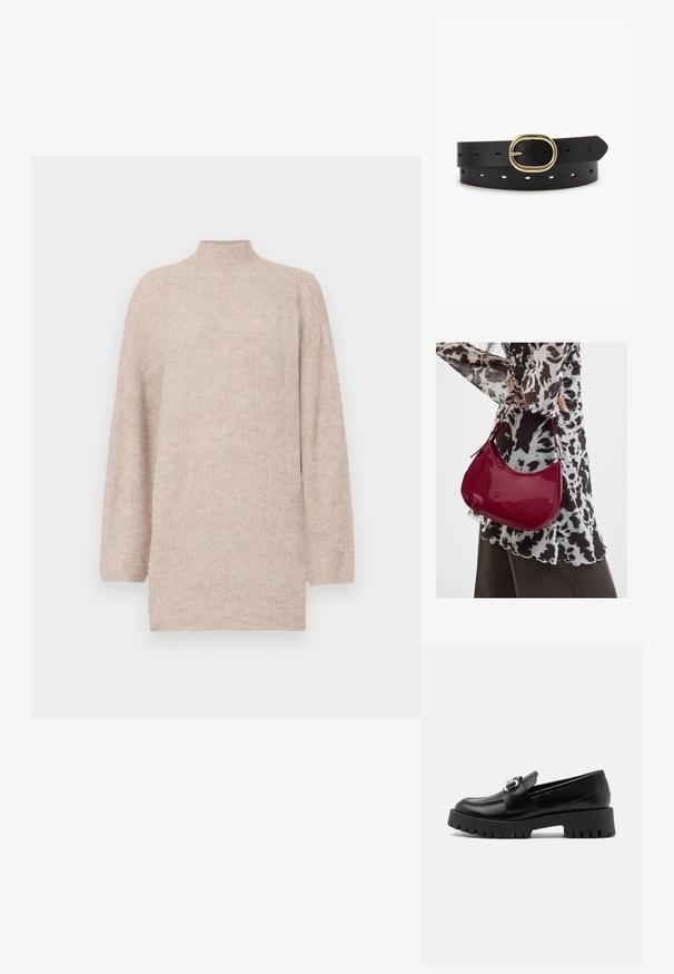 Beige korkeakauluksinen neule, jossa on tiputetut olkasaumat, valmistettu ribbikudotusta materiaalista. Rennon mallinen, pitkähihaiset ja sileä pinta.; Musta nahka loafers, joissa on paksu ja uritettu pohja sekä metallinen solki hihnassa. Sileä pinta, klassinen muotoilu.; Nainen, jolla on mustavalkoinen kuviollinen pusero, pitää kiiltävää punaista olkalaukkua yksiväristä taustaa vasten.; Mustat nahkavyö, jossa on soikea messinkinen solki. Sisältää useita reikiä koon säätämiseksi. Silkkinen rakenne klassisella, minimalistisella muotoilulla.