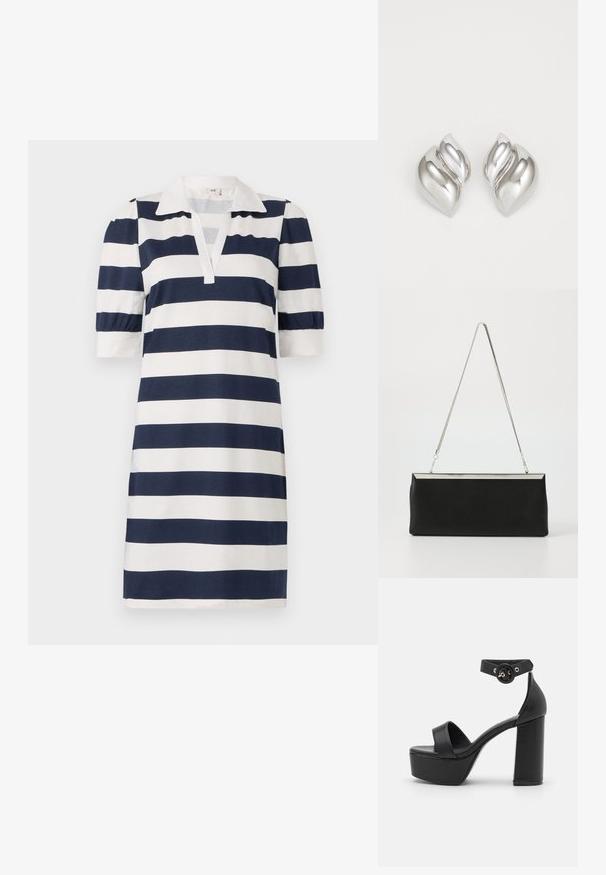 Gestreepte jurk met marineblauwe en witte horizontale strepen, een klassieke polo-kraag, korte pofmouwen en een v-hals. Zacht katoen.; LAMODA WONDERLAND - Sandalen met hoge hak - black; Zwarte leren clutch met een zilveren metalen kettinghandvat en een strakke rechthoekige vorm. Matte textuur en minimalistisch ontwerp met een metallic accent.; Zilveren oorbellen met een organische, abstracte vorm. Gladde, glanzende oppervlakte met een taps toelopend ontwerp. Beschikken over subtiele rondingen en een centrale lijn detail.