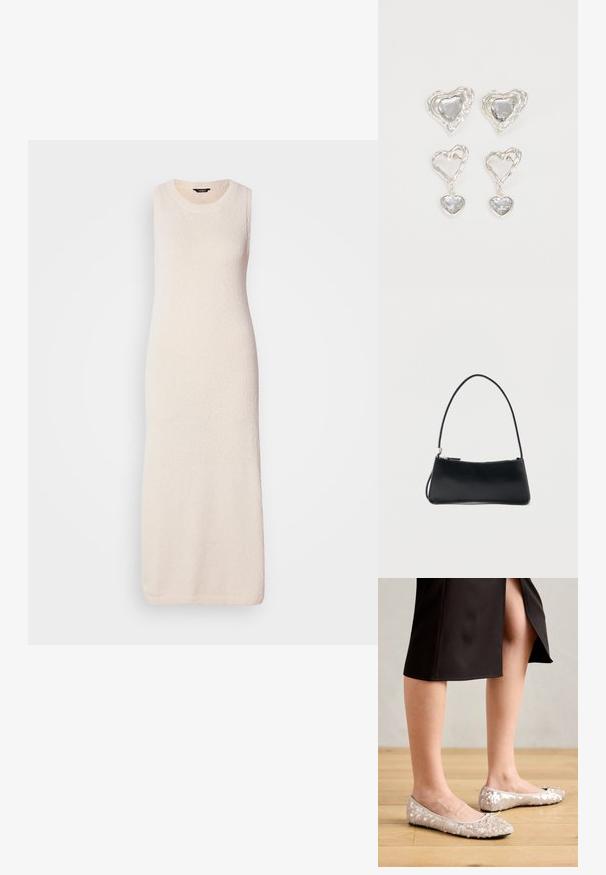 Strikket ærmeløs maxikjole i lys beige, med en tekstureret overflade og rund halsudskæring, der falder lige til kanten.; Beige stæl ballet flats med en rund tå, der har en bueaccent, parret med en sort nederdel, vist på et trægulv.; Sort rektangulær håndtaske med tynd skulderrem og lynlåslukning, sat mod en enkel hvid baggrund.; Sølvøreringe i hjerteform har facetterede klare sten med en struktureret ramme. Sættet inkluderer både studs og hængende stilarter.