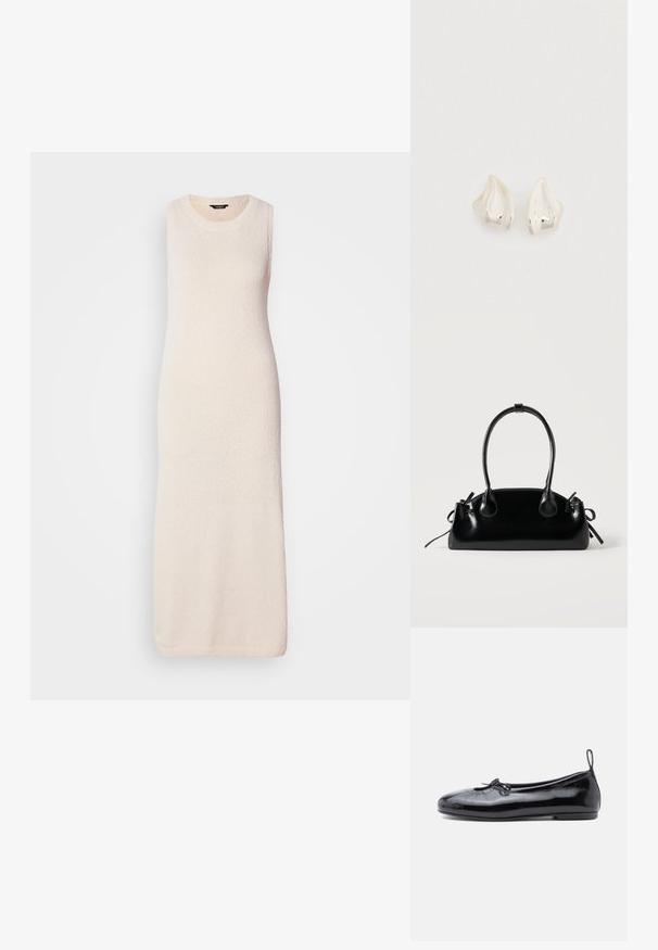 Robe maxi sans manches en tricot de couleur beige clair, avec une surface texturée et un col rond, tombant droit jusqu'à l'ourlet.; Ballerine en cuir verni noir avec un bout rond, un petit nœud décoratif et une texture lisse ; présente une semelle plate basse et une languette au talon.; Petit sac à main noir brillant avec deux longues anses et des détails à cordon sur les côtés sur un fond clair uni.; Boucles d'oreilles ton argent avec une forme organique lisse en goutte d'eau. Surface polie avec une courbure subtile et sans ornements visibles.