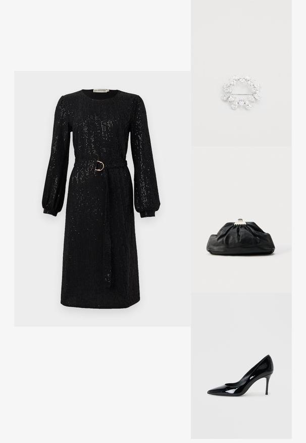 Schwarzes Kleid mit langen, puffigen Ärmeln und tailliertem Bund. Aus Paillettenstoff gefertigt, mit rundem Ausschnitt und geradem Schnitt.; Schwarze Lacklederpumps mit spitzer Zehenpartie und schlankem Stiletto-Absatz. Glatte Textur mit glänzender Oberfläche und minimalistischem Design.; Schwarze Leder-Clutch mit geraffter Textur, Metallverschluss und dezentem, auf der Vorderseite geprägtem Logo. Abgerundete Form.; Runder Brosche mit mehreren birnenförmigen, klaren Kristallen, die in einer silberfarbenen Metallbasis gesetzt sind, mit einer Nadelbefestigung auf der Rückseite.