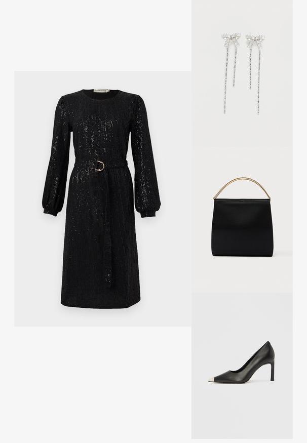 Schwarzes Kleid mit langen, puffigen Ärmeln und tailliertem Bund. Aus Paillettenstoff gefertigt, mit rundem Ausschnitt und geradem Schnitt.; Schwarzer Lederschuh mit hohem Absatz, spitz zulaufender Zehenpartie und metallischer silberner Spitze. Verfügt über eine glatte Oberfläche und einen schlanken 10 cm hohen Absatz.; Schwarze Tasche aus glattem Stoff mit strukturierter Form, einem Griff aus goldener Kette und minimalistischem, geometrischem Design.; Lange silberne Ohrringe mit einer Ansammlung von Strasssteinen oben und herabhängenden Strängen kleinerer Strasssteine darunter.