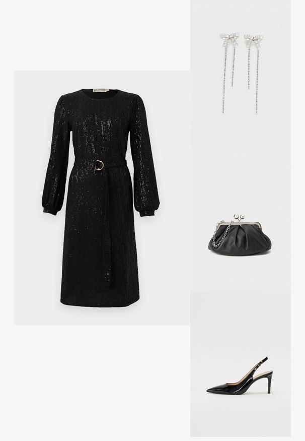 Schwarzes Kleid mit langen, puffigen Ärmeln und tailliertem Bund. Aus Paillettenstoff gefertigt, mit rundem Ausschnitt und geradem Schnitt.; Schwarz lackierte Slingback-Pumps mit spitzem Zehenbereich, schlankem Absatz und einem subtilen Ausschnittdesign. Verfügt über eine goldene Schnalle am Riemen.; Schwarze Leder-Clutch mit geraffter Textur, silberfarbener Metallrahmen, Druckverschluss und Kettenriemen. Glatte, weiche Oberfläche.; Lange silberne Ohrringe mit einer Ansammlung von Strasssteinen oben und herabhängenden Strängen kleinerer Strasssteine darunter.