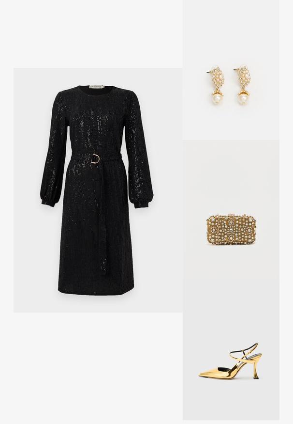 Robe noire avec des manches longues bouffantes et une taille ceinturée. Fabriquée en tissu pailleté, elle présente un col rond et une coupe droite.; Chaussure à talon aiguille dorée en métal, avec un bout pointu, un côté ouvert, des brides croisées à la cheville et un talon de forme unique.; Pochette en or avec des ornements en perles et cristaux complexes. Forme rectangulaire, fermeture à fermoir et une chaîne amovible.; Boucles d'oreilles dorées avec un design floral, accentuées de perles et d'une plus grande perle pendante. Embellies de petits cristaux transparents.