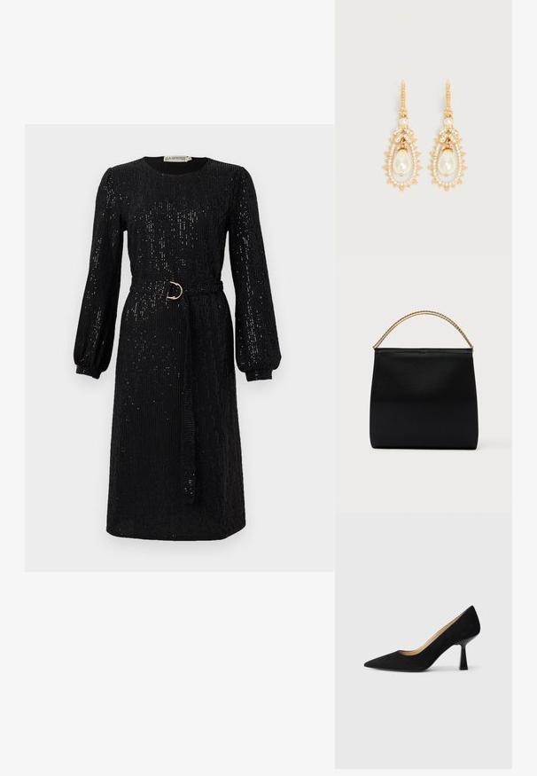 Schwarzes Kleid mit langen, puffigen Ärmeln und tailliertem Bund. Aus Paillettenstoff gefertigt, mit rundem Ausschnitt und geradem Schnitt.; Schwarze Wildleder-Pumps mit hohem Absatz und spitzer Zehenform, ausgestattet mit einem glänzenden schwarzen Blockabsatz und einem glatten Innenfutter.; Schwarze Tasche aus glattem Stoff mit strukturierter Form, einem Griff aus goldener Kette und minimalistischem, geometrischem Design.; Ohrhänger in Goldoptik mit tropfenförmigen Kunstperlen, umgeben von kleinen klaren Kristallen und blattförmigen Kristallakzenten.