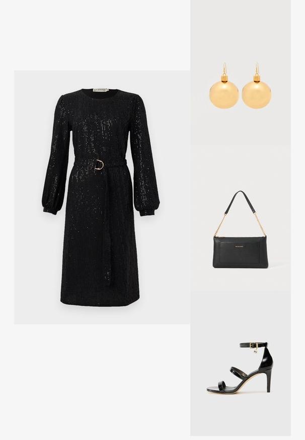 Schwarzes Kleid mit langen, puffigen Ärmeln und tailliertem Bund. Aus Paillettenstoff gefertigt, mit rundem Ausschnitt und geradem Schnitt.; Schwarze Lackleder-Sandale mit drei Riemen, Knöchelriemen und 10 cm hohen Stiletto-Absatz. Verfügt über goldfarbene Hardware-Details und ein Logo-Charm.; Schwarze Ledertasche mit einer Kieseloberfläche, goldener Kettenriemen und einer Fronttasche. Auf der Vorderseite befindet sich ein goldenes Logo.; Paar glänzende goldene Weihnachtskugel-Ohrringe mit Hakenverschlüssen auf einfachem weißem Hintergrund.