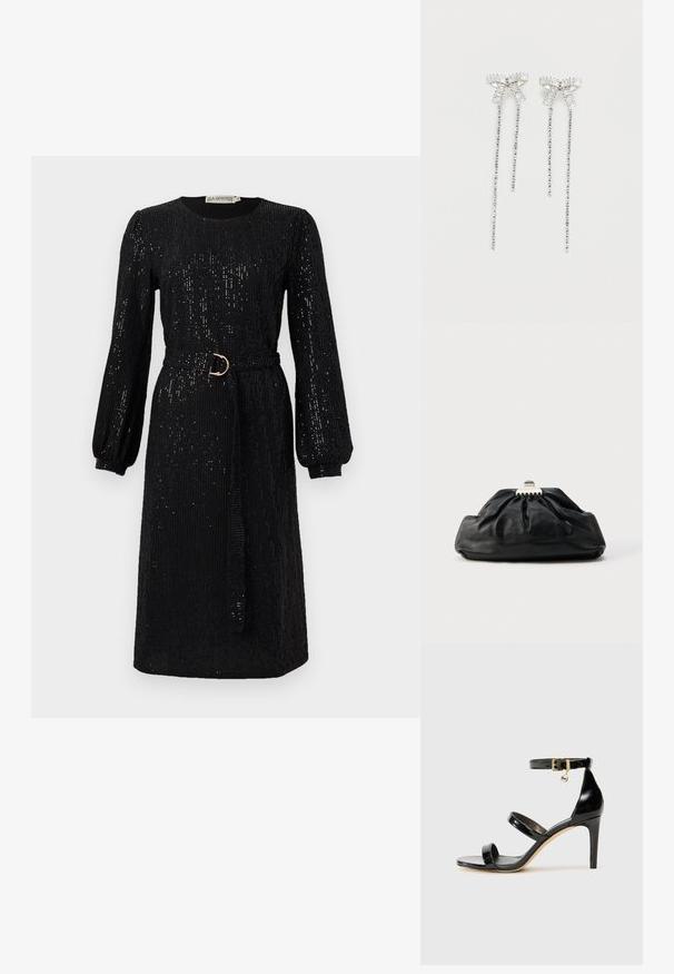 Robe noire avec des manches longues bouffantes et une taille ceinturée. Fabriquée en tissu pailleté, elle présente un col rond et une coupe droite.; Sandale en cuir verni noir avec trois brides, boucle de cheville et talon aiguille de 10 cm. Présente un détail en métal doré et un charm logo.; Pochette en cuir noir avec une texture plissée, fermeture à fermoir métallique, et logo embossé discret sur le devant. Forme arrondie.; Longs boucles d'oreilles en argent avec un groupe de strass au sommet et des rangées de petites strass suspendues en dessous.