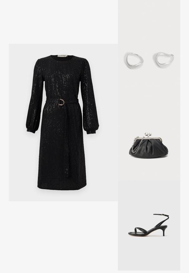 Schwarzes Kleid mit langen, puffigen Ärmeln und tailliertem Bund. Aus Paillettenstoff gefertigt, mit rundem Ausschnitt und geradem Schnitt.; Schwarze Ledersandale für Damen mit dünnen Riemchen, einer Zehenlasche, einer Knöchelschnalle und einem mittelhohen Stöckelabsatz vor neutralem Hintergrund.; Schwarze Leder-Clutch mit geraffter Textur, silberfarbener Metallrahmen, Druckverschluss und Kettenriemen. Glatte, weiche Oberfläche.; Paar glatte silberfarbene Creolen mit einer leicht unregelmäßigen dreieckigen Form auf einfachem hellem Hintergrund.