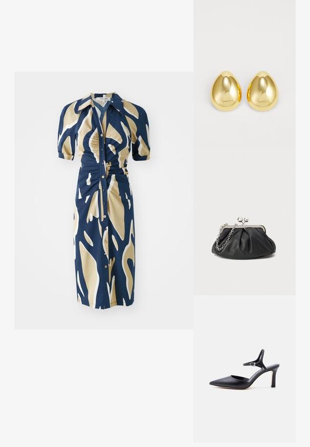 Marineblaues Kleid mit beigem und weißem abstraktem Muster, kurzen Puffärmeln, Knopfleiste und Raffung an der Taille. Glatte Stoffstruktur.; Schwarzer spitzer High Heel mit dünnem Knöchelriemen und silberner Schnalle, glatte Lederoberfläche, eleganter Damenschuh.; Schwarze Leder-Clutch mit geraffter Textur, silberfarbener Metallrahmen, Druckverschluss und Kettenriemen. Glatte, weiche Oberfläche.; Goldfarbene Steckerohrringe mit einer glatten, polierten Oberfläche und einer tropfenförmigen Form, die das Licht reflektieren und für ein glänzendes Finish sorgen.