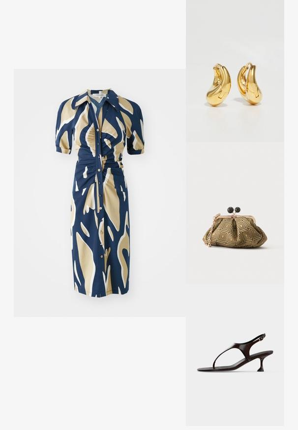Marineblaues Kleid mit beigem und weißem abstraktem Muster, kurzen Puffärmeln, Knopfleiste und Raffung an der Taille. Glatte Stoffstruktur.; Dunkelbraune Lackleder-Slingback-Sandale mit kittenabsatz und Zehensteg auf weißem Hintergrund.; Kleine Clutch mit goldenem und schwarzem geometrischem Muster, goldfarbenem Metallrahmen, schwarzem Kugelverschluss und kurzem goldfarbenem Kettenriemen.; Goldene Creolen mit einer glatten, geschwungenen Form und polierter Oberfläche. Mit einem Verschlussmechanismus und leichten Einkerbungen für Details.
