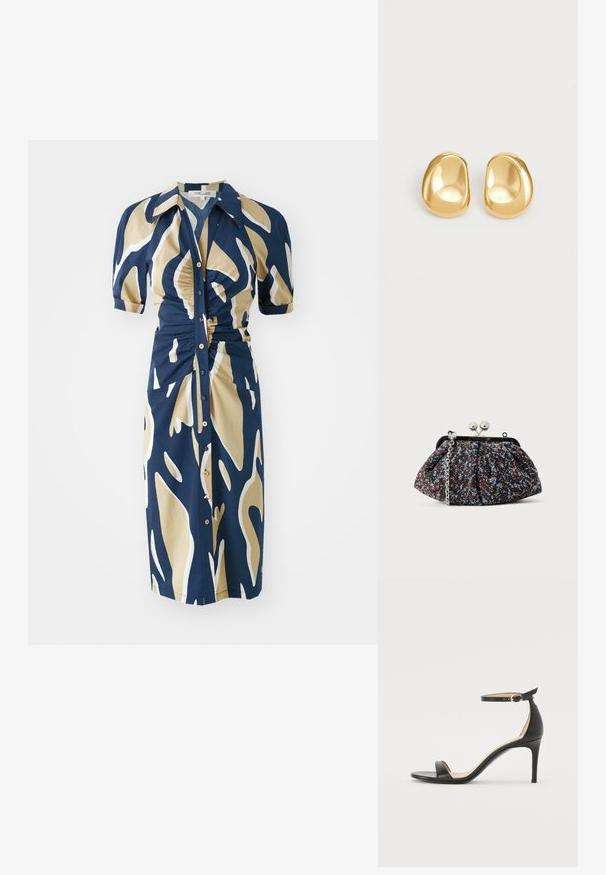 Marineblaues Kleid mit beigem und weißem abstraktem Muster, kurzen Puffärmeln, Knopfleiste und Raffung an der Taille. Glatte Stoffstruktur.; Schwarze Leder-high-heeled Sandale mit Knöchelriemen. Verfügt über eine glatte Textur, offene Zehen und einen dünnen Absatz. Goldfarbener Schnallenakzent.; Schwarze Clutch aus strukturiertem Stoff mit mehrfarbigem Blumenmuster, Metallverschluss und silberner Kettenriemen. Abgerundete Form und plissiertes Design.; Goldfarbene Ohrstecker mit einer glatten, runden Form und einer reflektierenden Oberfläche, die ein minimalistisches Design ohne sichtbare Muster zeigen.