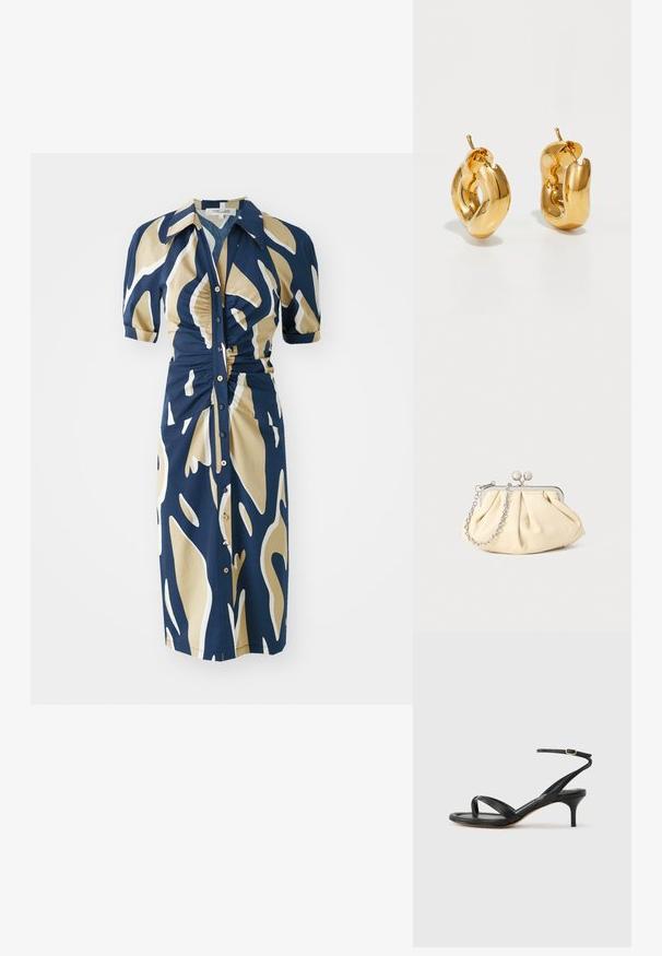 Marineblaues Kleid mit beigem und weißem abstraktem Muster, kurzen Puffärmeln, Knopfleiste und Raffung an der Taille. Glatte Stoffstruktur.; Schwarze Ledersandale für Damen mit dünnen Riemchen, einer Zehenlasche, einer Knöchelschnalle und einem mittelhohen Stöckelabsatz vor neutralem Hintergrund.; Faltige beigefarbene Ledertasche mit einem silbernen Metallrahmen, ausgestattet mit zwei runden dekorativen Verschlüssen und einem silbernen Kettenriemen.; Fette goldene Creolen mit einem leicht verdrehten, röhrenförmigen Design und Steckverschlüssen auf einem weißen Hintergrund.