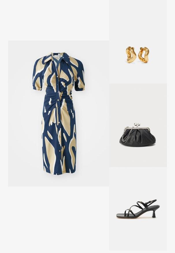 Marineblaues Kleid mit beigem und weißem abstraktem Muster, kurzen Puffärmeln, Knopfleiste und Raffung an der Taille. Glatte Stoffstruktur.; Schwarze lackierte Riemchensandalen mit quadratischer Zehenpartie und niedrigem Blockabsatz. Ausgestattet mit vergoldeten Beschlägen und verstellbaren Knöchelriemen.; Schwarze Leder-Clutch mit geraffter Textur, silberfarbener Metallrahmen, Druckverschluss und Kettenriemen. Glatte, weiche Oberfläche.; Goldfarbene Creolen mit wellenförmigem Design, das eine glatte, glänzende Oberfläche und eine stromlinienförmige Form aufweist. Keine sichtbaren Verschlüsse.
