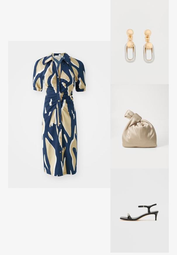 Marineblaues Kleid mit beigem und weißem abstraktem Muster, kurzen Puffärmeln, Knopfleiste und Raffung an der Taille. Glatte Stoffstruktur.; Schwarze Leder-Sandale mit Absatz und Knöchelriemen, offenem Zehenbereich, quadratischer Vorderseite und silbernen Metallakzenten. Eng anliegendes Design mit schlanker Silhouette.; Beige Satinbeutel mit geknotetem Deckel, der eine weiche, glatte Textur und eine runde Form aufweist, entworfen, um einfach und elegant zu sein.; Gold- und Silberohrringe mit einer kugelförmigen Oberseite und einem länglichen, ovalen hängenden Element mit glänzender Oberfläche.