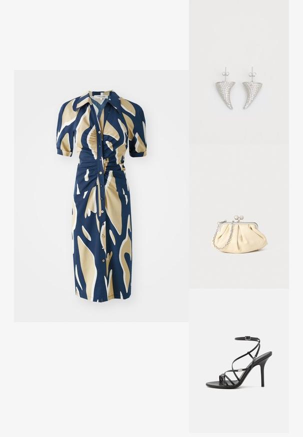 Marineblaues Kleid mit beigem und weißem abstraktem Muster, kurzen Puffärmeln, Knopfleiste und Raffung an der Taille. Glatte Stoffstruktur.; Schwarze High-Heel-Sandale mit dünnen Riemen, einem Knöchelverschluss, einer glatten Lederoberfläche und einem schlanken Stiletto-Absatz.; Faltige beigefarbene Ledertasche mit einem silbernen Metallrahmen, ausgestattet mit zwei runden dekorativen Verschlüssen und einem silbernen Kettenriemen.; Silberne, hornförmige Ohrringe, besetzt mit kleinen klaren Steinen, mit einem Steckverschluss zur Befestigung. Glatte Textur und metallisches Finish.
