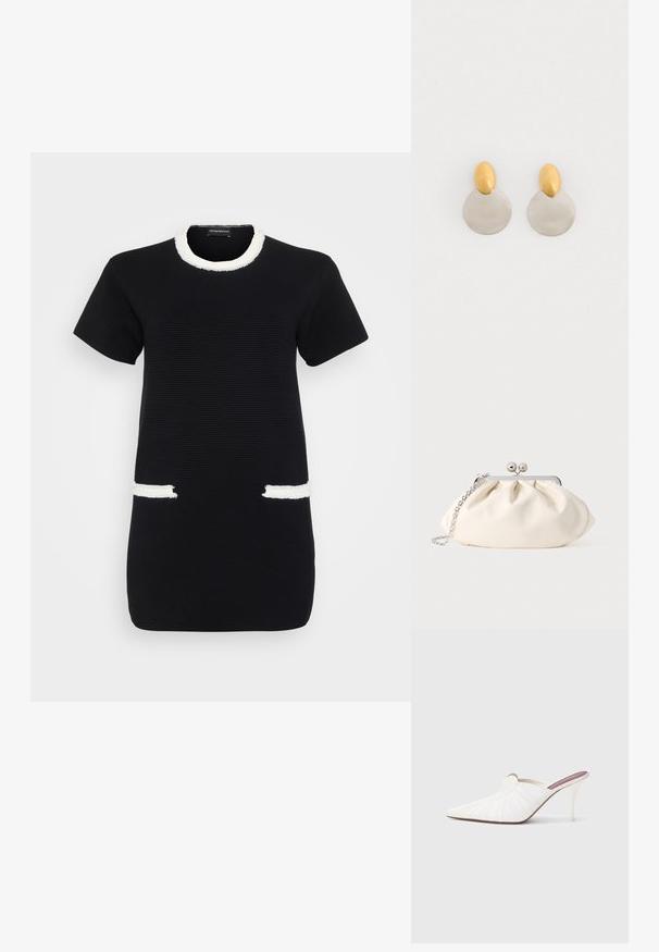 Schwarzes, kurzärmeliges geripptes Kleid mit weißem ausgefranstem Besatz am Rundhalsausschnitt und zwei vorderen Taschenöffnungen.; Weiße Mules mit spitz zulaufender Spitze, plissierter Textur am Obermaterial und schlankem Stilettoabsatz. Glatte Oberfläche und minimalistisches Design.; Cremefarbene Stoff-Clutch mit gerafftem Design, silbernem Metallrahmen, zwei dekorativen Kugeln und einem silbernen Kettenriemen.; Ohrringe aus Gold und Silber mit einer runden Diskusbasis und einem ovalen Oberteil, glatte Textur und polierte Oberfläche.