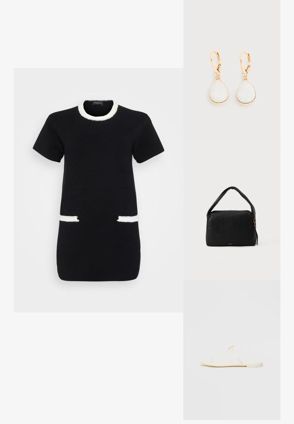Sort kortærmet ribstrikket kjole med hvidt frynset kant ved rund halsudskæring og to forreste lommeåbninger.; Flade flip-flop-sandaler i lys gul med en let sål, der har et enkelt design og en minimalistisk gylden accent.; Sort læderhåndtaske med en glat tekstur, rektangulær form og et rundt håndtag. Har en gylden lynlås og subtil branding på fronten.; Øreringe i guldfarve med dråbeformede hvide sten og små klare krystaller over låsene på en lys baggrund.