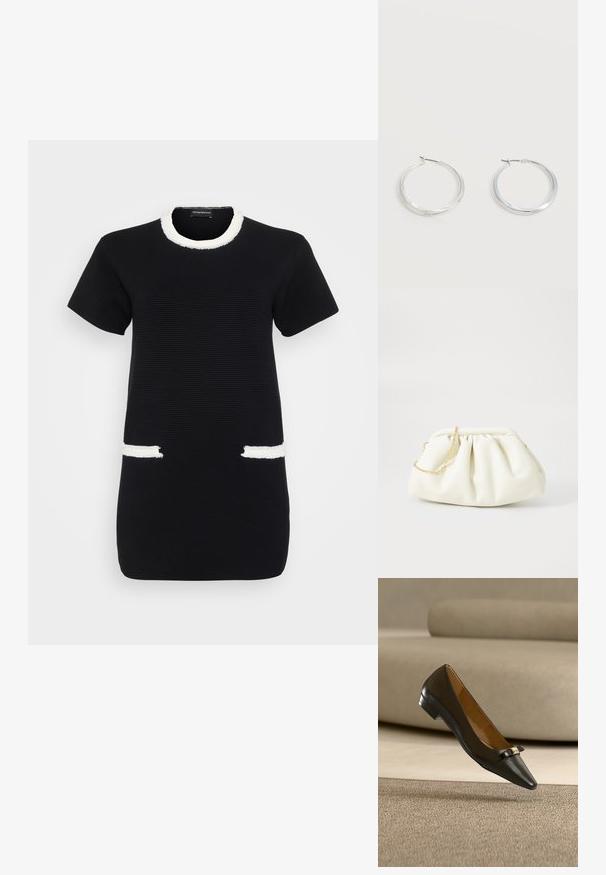 Schwarzes, kurzärmeliges geripptes Kleid mit weißem ausgefranstem Besatz am Rundhalsausschnitt und zwei vorderen Taschenöffnungen.; Schwarzer Leder-Ballerina mit spitzer Schuhspitze, kleinem dekorativem Schleifchen und goldenem Akzent, der über einem beigen Teppich mit Sofa im Hintergrund schwebt.; Weiße Lederhandtasche mit einem gerafften Design, ausgestattet mit einem goldenen Kettenriemen und einer runden Form. Glatte Textur mit sanften Falten und ohne Muster.; Silberne Metallcreolen mit glatter, leicht gebogener Oberfläche und Klappverschluss vor schlicht weißem Hintergrund.