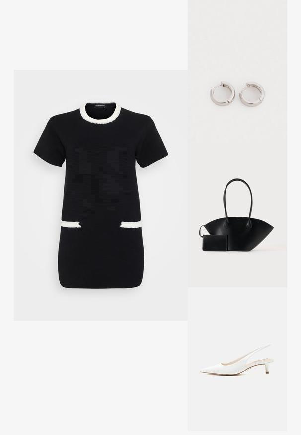 Schwarzes, kurzärmeliges geripptes Kleid mit weißem ausgefranstem Besatz am Rundhalsausschnitt und zwei vorderen Taschenöffnungen.; Weißer Lederslingback-Schuh mit spitzer Schuhspitze und niedrigem Kittenabsatz auf schlichtem hellem Hintergrund.; Schwarze Lederhandtasche mit langen Griffen und einem passenden kleinen Reißverschlussbeutel vor einfarbigem Hintergrund.; Silberfarbene Metall-Hoop-Ohrringe mit runder Form und polierter Oberfläche. Jedes Ohrstecker hat einen klappbaren Verschluss für sicheren Tragekomfort.
